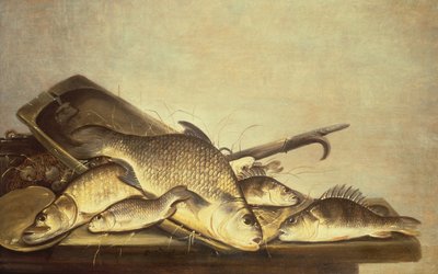 Una naturaleza muerta de perca y lucio de Pieter de Putter